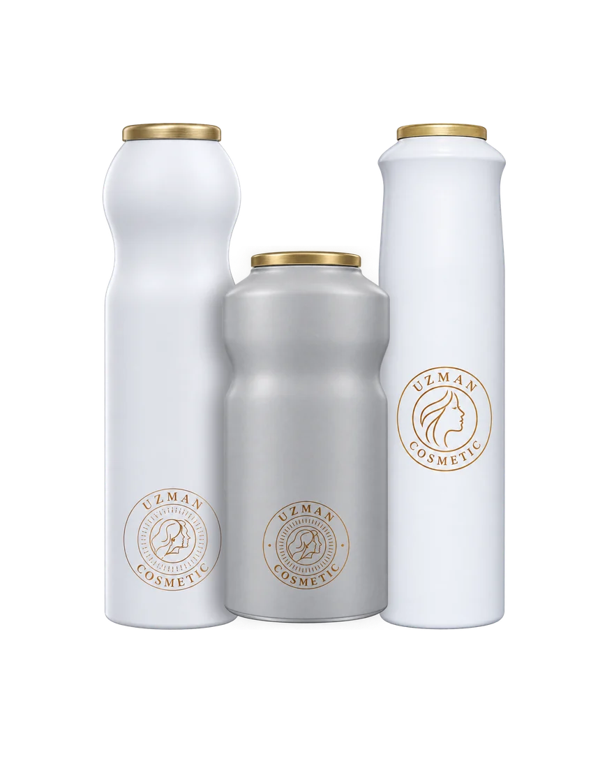 A Type · Flat Curved · New Smart — Image conceptuelle : ensemble private label sans marque, noir et or, avec déodorant, parfum, brume corporelle et diffuseur d'ambiance